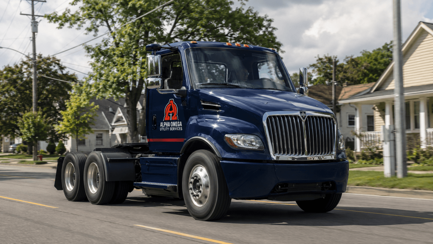 Navy Alpha Omega Utility Services day-cab truck driving through a residential street