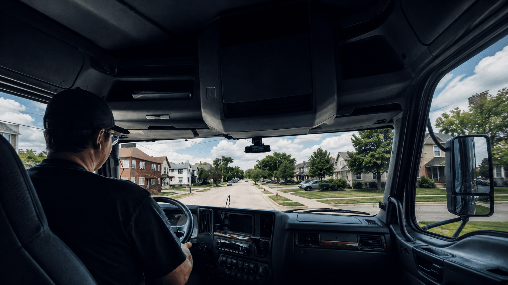 View from inside the cab of a student driving an AOUS training truck down a residential street