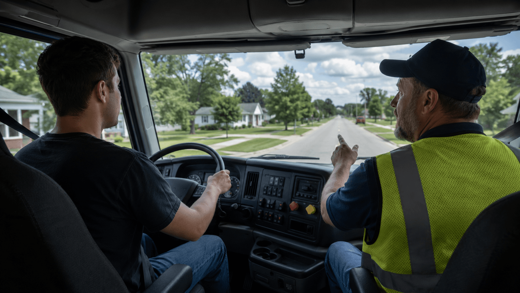AOUS CDL instructor in a hi-vis vest coaching a student driver from the passenger seat